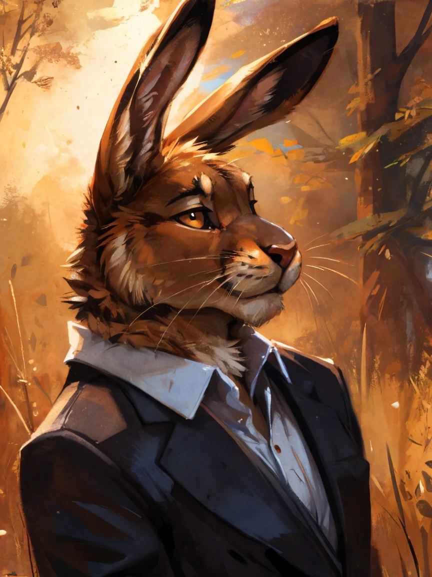 Light brown hare, in one color tone, with long ears, black tuxedo, By mystikfox61, by kenket