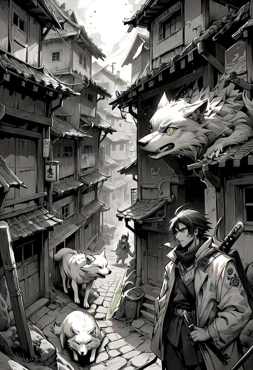Un samouraï et loup dans un village en proie au chaos, style BD dessinée au crayon à papier très fin Une scène de chaos dans un village ravagé, où un samouraï se tient avec détermination et le loup le protège . Le dessin, done entirely in pencil in a comic book style, captures the intensity and disorder of the moment with detailed and expressive lines. very detailed ( un seul sabre )