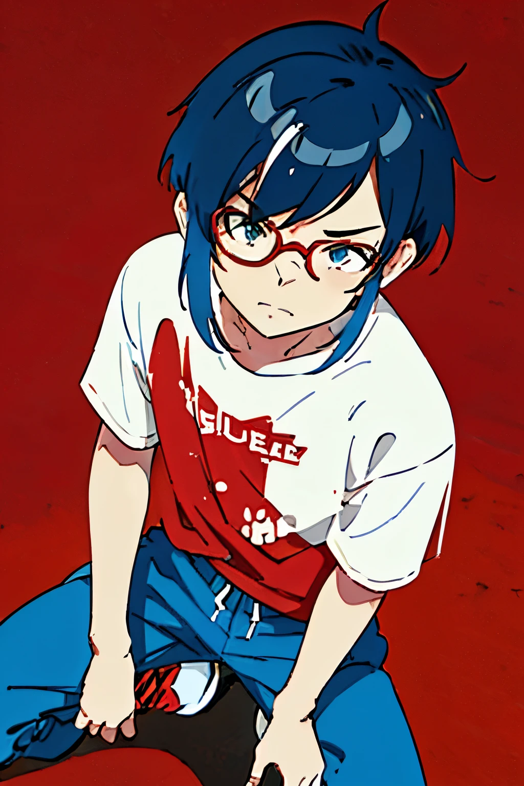 A boy who wearing te shirt on red shirt . Wearing accessories and half pant and goggle on his face and medium hair mullet hair cut.colours of his shoes half-red half-blue 