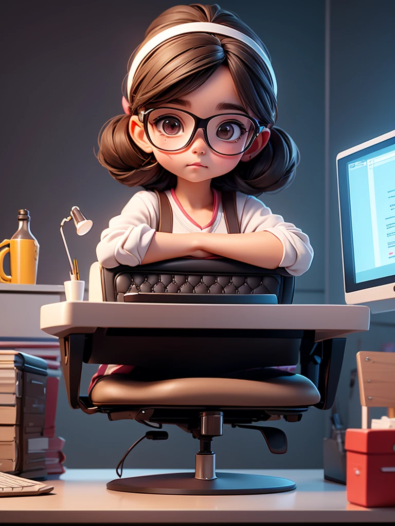 A cute young girl, wearing glasses, shoulder-length hair tied in a knot, sitting and typing in front of a computer.