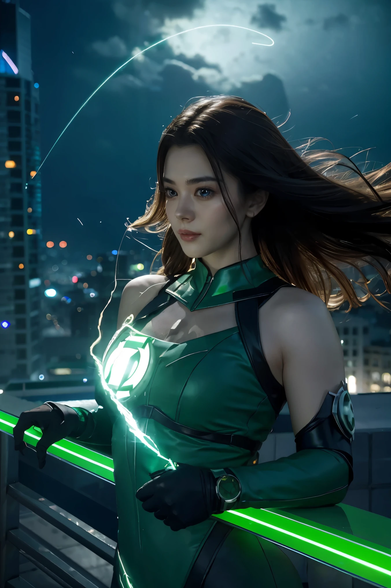 Scene from the movie, Woman dressed as Green Lantern from DC, extremely detailed, futuristic cityscape, nighttime, glowing neon lights, smoke, sparks, metal shavings, flying debris, blue energy effects, volumetric light