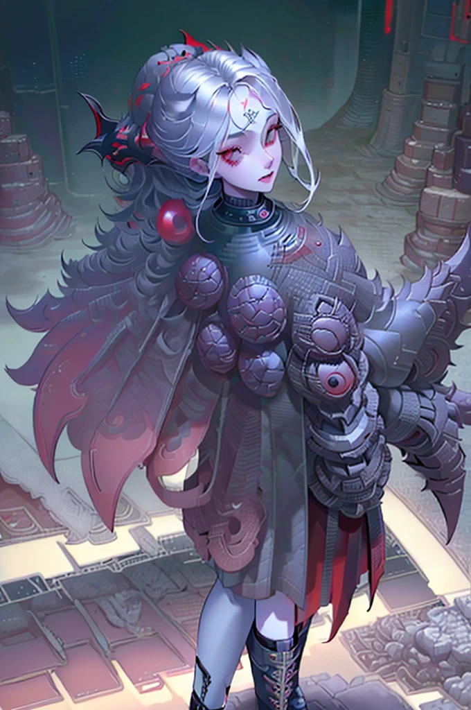 (red eyes with cat iris), ((demonic horns)), (((Armadura vermelha com detalhes em preto))), (maquiagem forte nos olhos), (batom preto), ((((make the character as if you were walking forward)))), (cabelos longos e vermelhos com fios pretos),