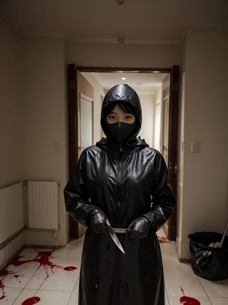 korean girl, (behind corpse, surgical mask), multiple girls, holding knife, stabbing, black raincoat, black gloves, hood up, room full of blood, black wet suit, holding knife, black gloves, behind corpse, blood splatter, short hair, night, mass murderer, robbery, in the house,

