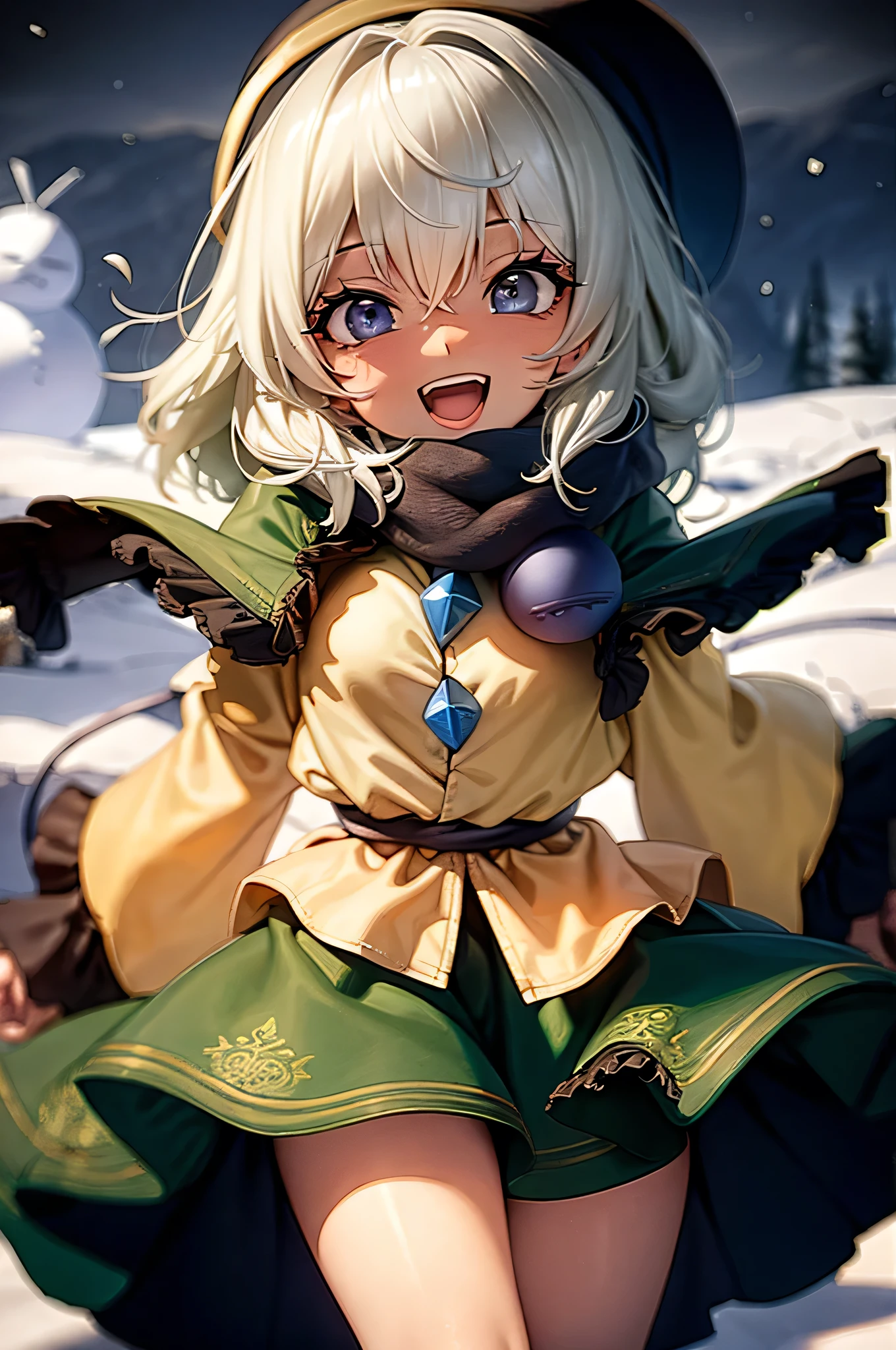 Please stand in front of the photo、One Girl, (((Dark Skin))), whole body,,Knee-high boots,Open mouth and big smile、Cute pose、Flowing iridescent silk、Wearing colored tights、Close-up of face、Look up、Heart patterned contact lenses、Floral Dress、Posing with a snowman、snowscape、season: winter, snow, (snowy forest), (White Santa Hat), scarf, cold