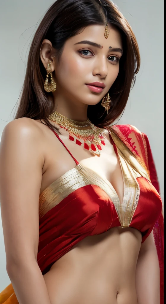 upper half body of (A hyper-realistic), (illustration), (high resolution), (8K), (highly detailed), (The best illustration of beautiful detailed image), (top-quality), (ultra-detailed), (​masterpiece), (beautiful attractive face), long hair, Earrings with bangs, ((20 year old Indian beautiful girl)) , (((wearing red Indian silk traditional sari draping ))) , (((Glamorous body))) , Elegant Pose, Seduction pose, Looking at the camera, beach background
