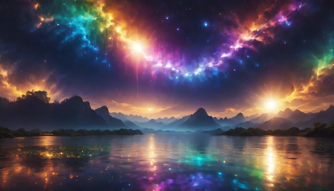 wide landscape photography, (View from below, The sky is above, And the open field is below), wallpaper, (meteor: 0.9), Distant Mountain々 , wood々Destroying art, (Warm Light: 1.2), (Firefly: 1.2), Light, Lots of purple and orange, Intricate details, Volumetric Lighting Break (masterpiece: 1.2), (highest quality), 4K, Very detailed, (moving composition: 1.4), Rich color and detail, (Rainbow-colored: 1.2), (Shine, Atmospheric lighting), dream-like, magic, (alone: 1.2),Chill,Electro,Chillout, god々Shii,