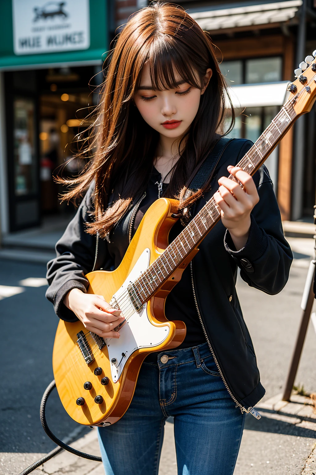 Super detailed, high quality, high resolution, HDR, real photo. Redhead medium hair woman, bending over, (holding electric guitar with both hands), hunched over and looking down, (ultra wide angle), (low angle), zoom out, from afar) (lots of long cords on the ground), backlit, looking up from the ground, half silhouette, (lots of guitar cords on half the screen), zoom in on long guitar cords, details. A realistic music video poster.