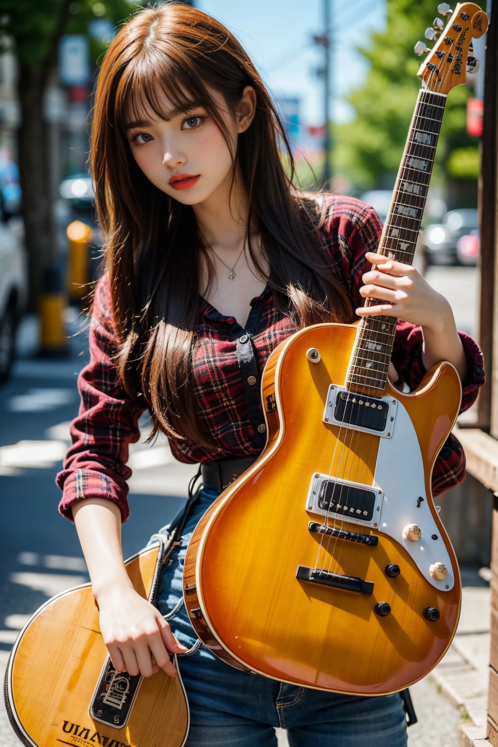 Super detailed, high quality, high resolution, HDR, real photo. Redhead medium hair woman, bending over, (holding electric guitar with both hands), hunched over and looking down, (ultra wide angle), (low angle), zoom out, from afar) (lots of long cords on the ground), backlit, looking up from the ground, half silhouette, (lots of guitar cords on half the screen), zoom in on long guitar cords, details. A realistic music video poster.