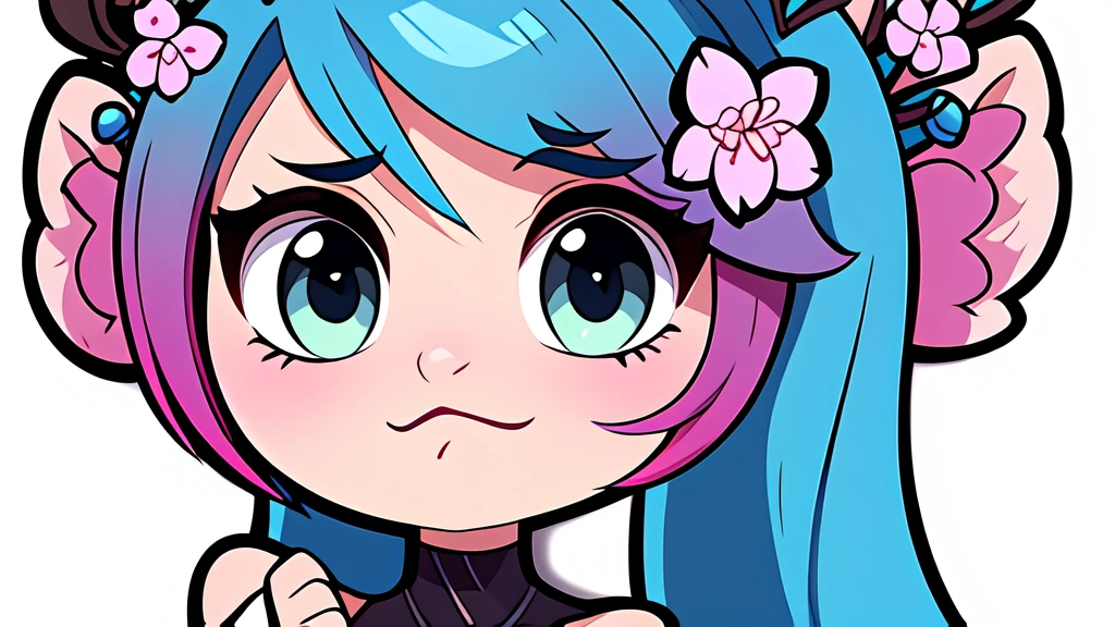 Create 6 emotes with same size, of a girl with blue hair and green eyes.