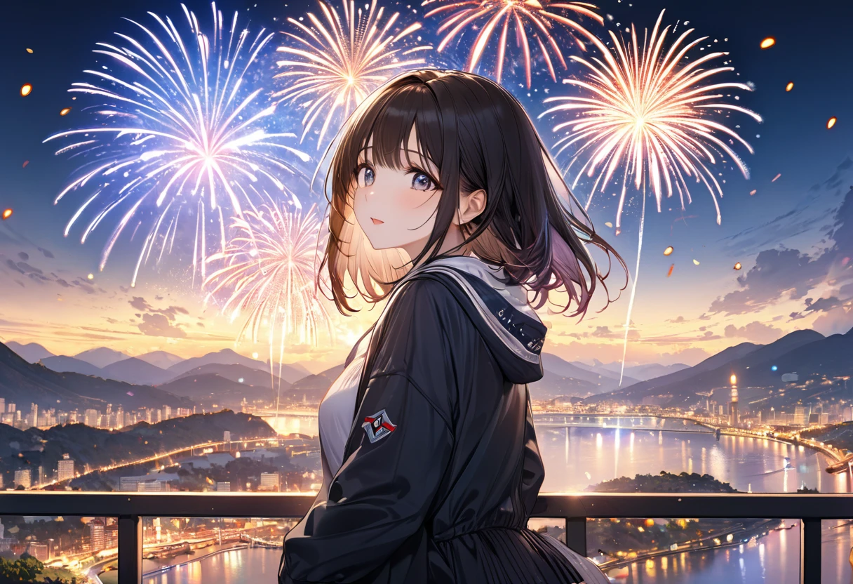 panoramic view, (fireworks the message is "30,000") and (fireworks the message is "thanks"), perfect anatomy, masterpiece, best quality, 16k, beautiful detailed grow, daydreaming expression.
