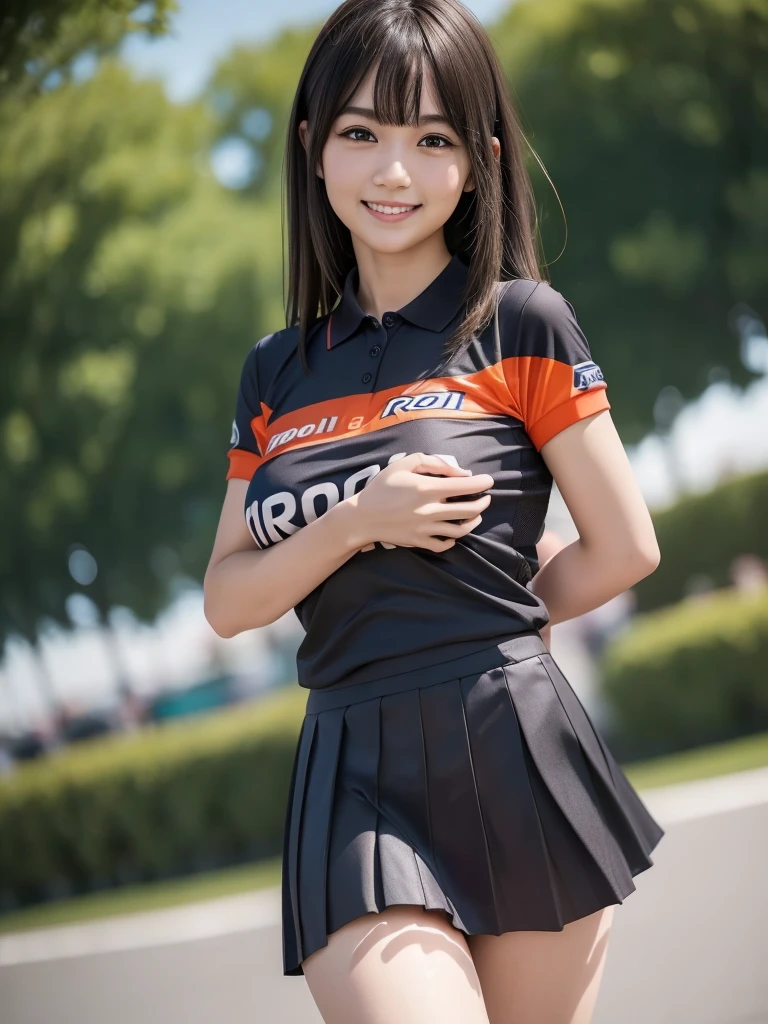 (8k, RAW Photos, Highest quality, masterpiece:1.2), (Realistic, photo-Realistic:1.4), (Highly detailed 8K wallpapers), ((Full Body Shot)), (1 girl), Sharp focus, Depth of written boundary, Cinematic lighting, Soft Light, 緻密な美しさのeye, eye_Chan, Very beautiful 17 year old girl, innocent big eyes, Realistic, photo Realistic, Highly detailed cute girl, (Thin thighs), (Model Body Type), ((( MotoGP Repsol Honda Team polo shirt))), ((Micro Mini Tight Skirt)), (((Fold your arms in front of your chest and act arrogantly))), ((A happy smile)), Parted lips, Watching the audience, (On the streets of Britain) , (Black Hair), (Long Bob Hair), (Asymmetrical bangs)