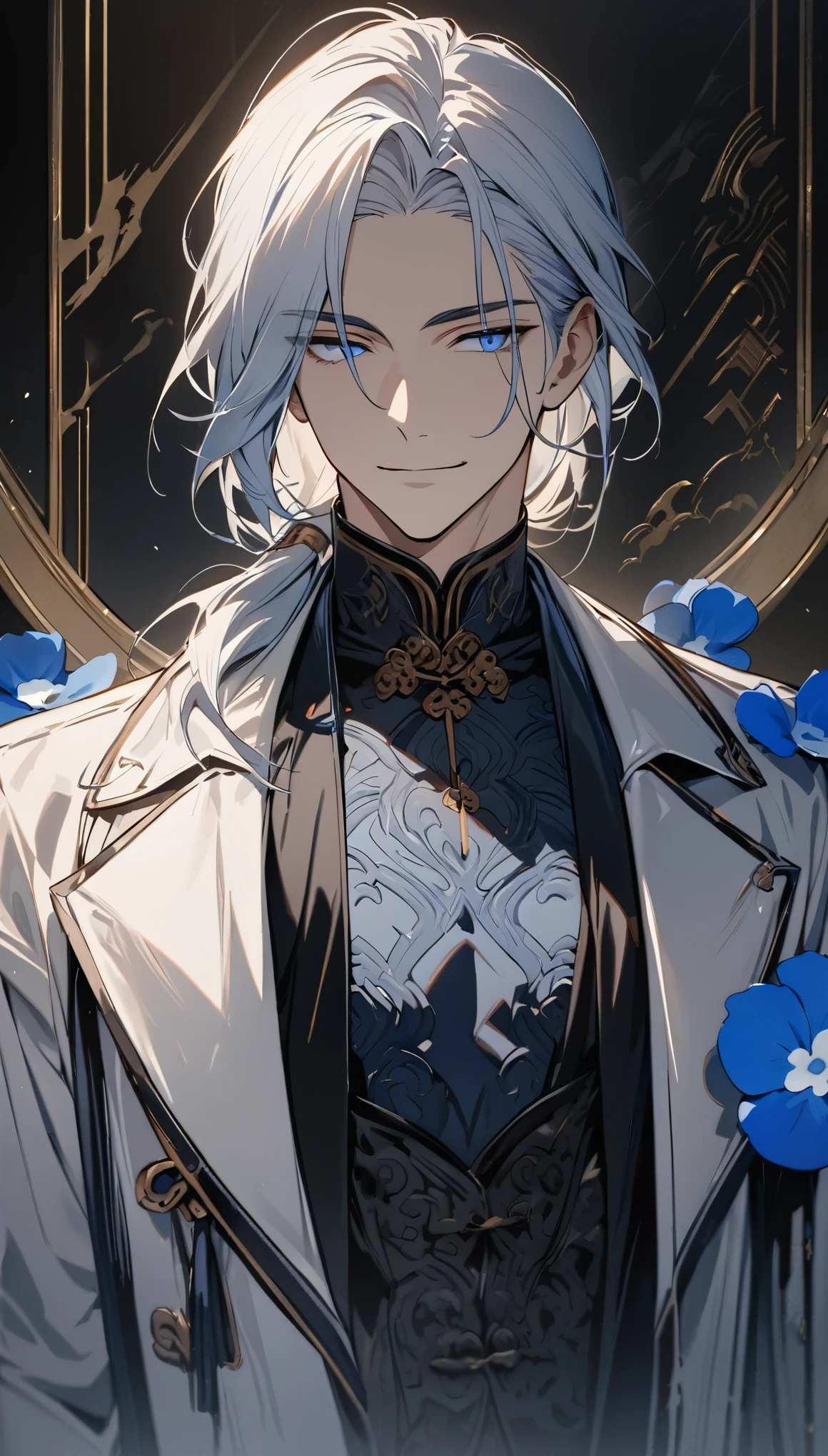 (masterpiece:1.5)，best quality，(1 Handsome man)，alone，white medium length hair，Low ponytail，(blue eyes), (A soft smile)，elegant，perfect face，Fantasy Chinese style，Long black trench coat，white and blue cloth，Complex clothing design with Chinese elements，Black leather gloves，white lining，White suit pants，Slightly muscular body，High，8K，Beautiful contrast of light and shadow，Dark luxury background，(complete upper body)，Positive face，((Nemophila))，luxury screen，blue flowers