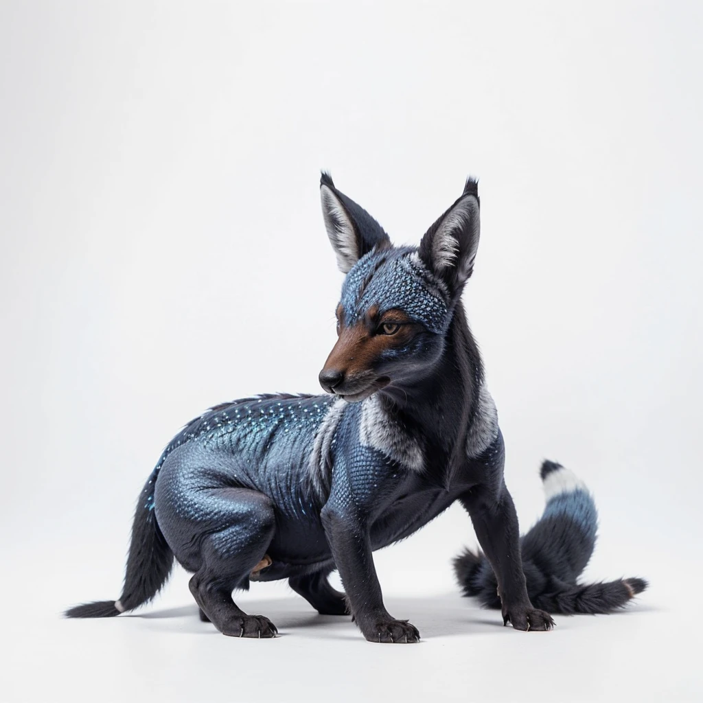 Small Animaly, black and blues colour skins, has scales, his body is shaped like a Fox but his face is like a Moose, silver colour skins, Grassroots background, (white background simpleks)