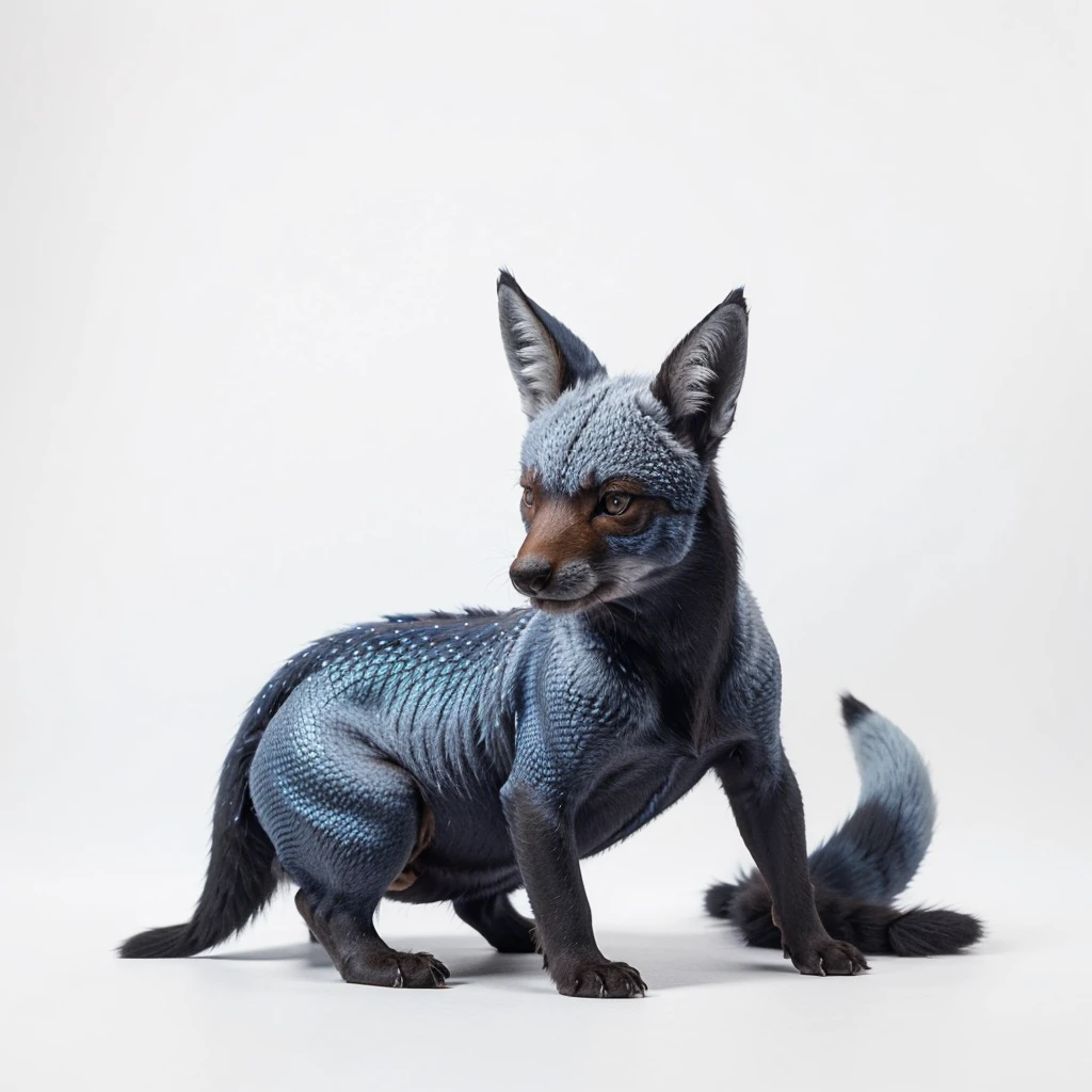 Small Animaly, black and blues colour skins, has scales, his body is shaped like a Fox but his face is like a Moose, silver colour skins, Grassroots background, (white background simpleks)