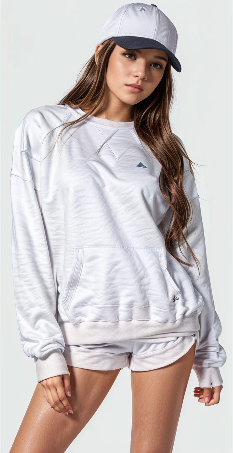 a woman wearing a white sweatshirt and shorts with a baseball cap, vestindo moletom, light cinza, designed for a cozy aesthetic!, cinza sweater, cinza, solid gray, moleton branco, Roupa casual, Roupas detalhadas, superdimensionado, wearing a cinza sweatshirt, Moletom cinza, moda casual, Manga compridas, Manga comprida, Julia Colina, light cinza