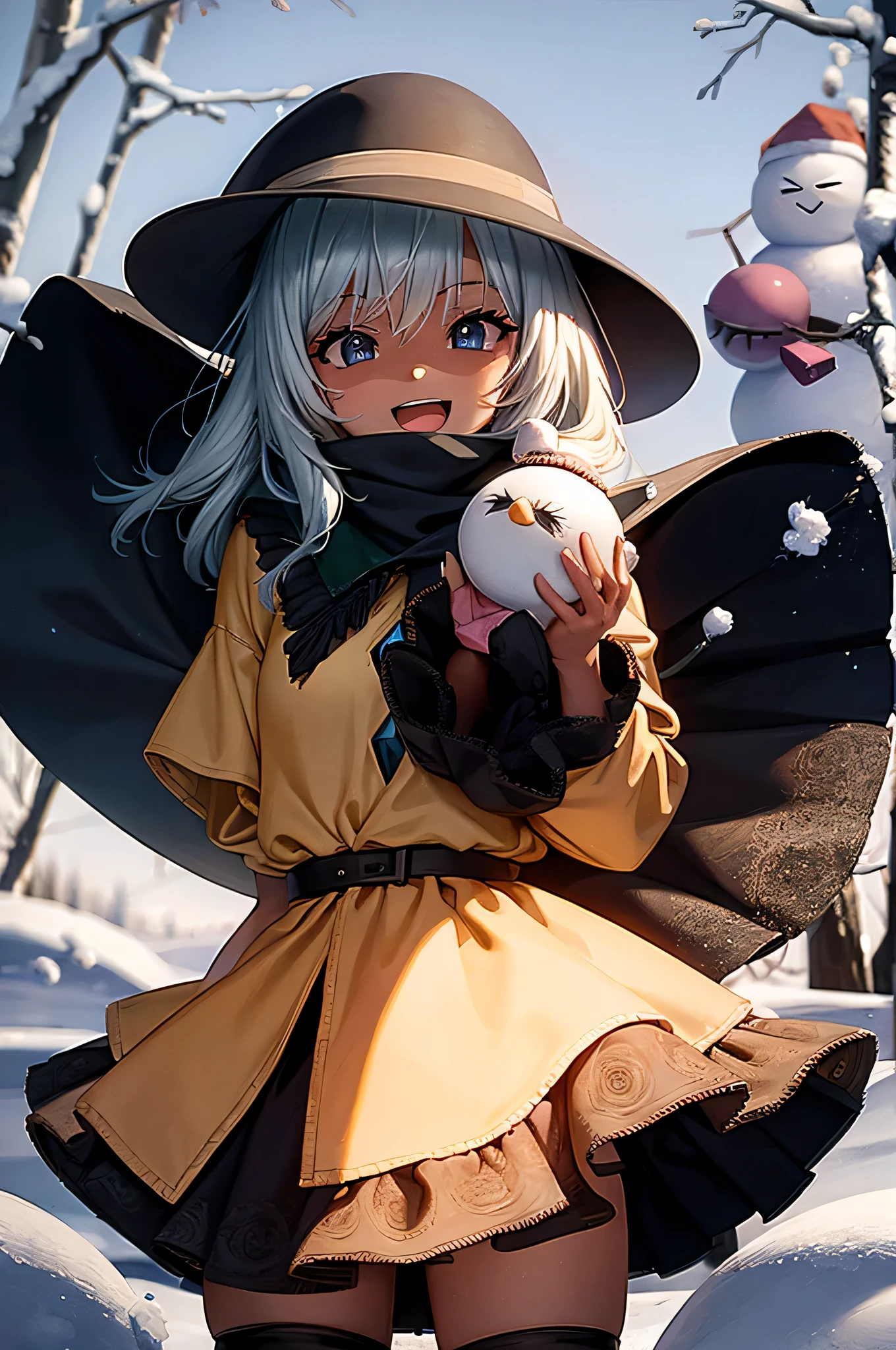 Please stand in front of the photo、One Girl, (((Dark Skin))), whole body,,Knee-high boots,Open mouth and big smile、Cute pose、Flowing iridescent silk、Wearing colored tights、Close-up of face、Look up、Heart patterned contact lenses、Floral Dress、Posing with a snowman、snowscape、season: winter, snow, (snowy forest), (White Santa Hat), scarf, cold