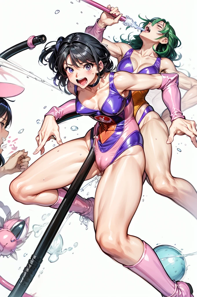 Female Combatant、Japanese girl、Close-up of a girl in a pink leotard、pink shiny leotard、Black fishnet stockings、Pink Boots、Saiyan Girl, wonderful, Nano Girl, Female body type, Inspired by Hiromu Arakawa, Anime Manga Robot!! Anime Girls, Fubuki, Full Body Suit, by Hiromu Arakawa、wonderful, silk, Beautiful and attractive anime , Anime Girls of the future, tears,Drooling,Pee,Sweat,Tongue out,incontinence,Peeing、Estrus、Eyes wide open,Estrus,Blushing,Nipples are erect,Face is hot、Lust、incontinence、Armpit Hair、pubic hair、Nipples are erect、My crotch is wet、Pleading for your life