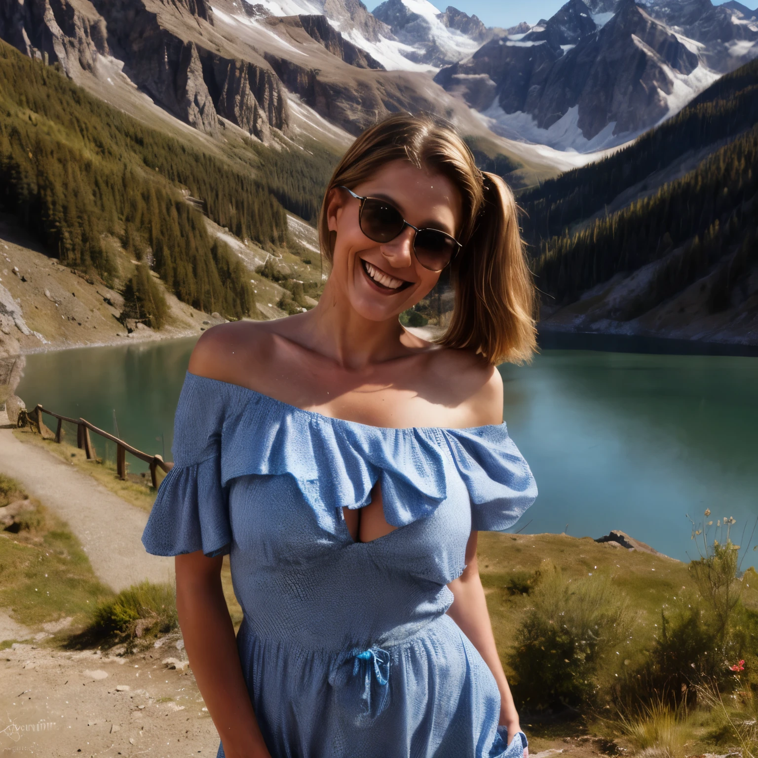 LaGermania enjoys a picturesque hike in the Swiss High Alps, near a stunning turquoise glacier lake surrounded by rugged granite mountains. The sun shines brightly, casting sharp shadows on the rocky terrain and illuminating the vibrant alpine vegetation of bushes and trees.

She wears a light, breathable lace dress that flutters in the mountain breeze, paired with sturdy hiking boots suitable for the rugged terrain. Her blonde hair is tied back in a ponytail, and a wide-brimmed hat shades her face from the intense alpine sun. LaGermania carries a small backpack with essentials for the hike, including a water bottle and a camera to capture the breathtaking scenery.

As she hikes up a gravel pathway, she turns towards the viewer with a joyful smile, leaning forward to give a playful kiss. In the background, a serene valley stretches out below, dotted with wildflowers and crisscrossed by a sparkling creek. Weathered fence posts with rusted barbed wire add a rustic touch to the scene, blending with the natural beauty of the surroundings.

High alpine goats and cows graze peacefully nearby, their bells softly chiming in the crisp mountain air. The distant haze adds depth to the panoramic view of snow-capped peaks towering majestically in the distance.

The overall atmosphere is one of tranquility and adventure, with LaGermania's playful gesture and radiant smile capturing the joy of exploring the Swiss High Alps. The combination of rugged mountains, turquoise glacier lake, and vibrant alpine meadows creates a scene of natural beauty and serenity, making this hike a memorable experience in the heart of the mountains.
