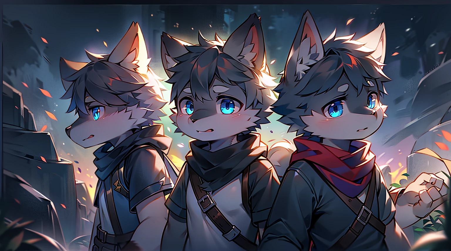 Wolf，juvenile，male，Gray-black fur，Sky blue eyes，Black combat uniform，scarf，Holding a long sword，scabbard，Draw the Sword，Everlasting，only,dawn，illumination，rest，Break