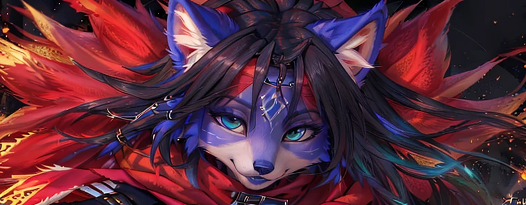 A beautiful and detailed (sweet portrait) von ((Krystal)), Sternenfuchs Krystal, Schlank, liebenswert, green eyes, medium breasts, (((Lange blaue Haare 1.3))),  ((schwarze haarspitzen)), Dekollete, Grinsen, hoch schauen,, anthro, Pelzig, Hochgeladen E621, detailed flauschige fur, (von Fluff-Kevlar, Bayard Wu, Personalami, Pino Daeni), detailliertes Gesicht, (flauschige), 1 girl, Allein,  Stammes-Kleidung, sweet girl, solo, liegend
