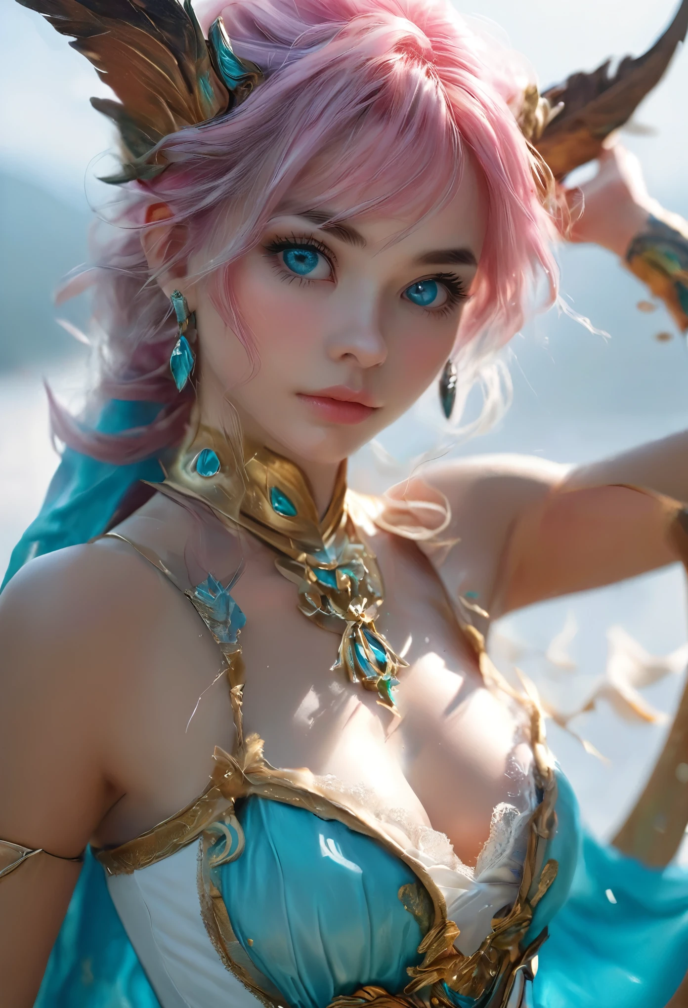 (best quality,4k,8k,highres,masterpiece:1.2), ultra-detailed, (realistic,photorealistic,photo-realistic:1.37),(we-000020:1.2), (ultra photoRealistic:1.3), the highest quality, ((Realistic)), high quality, Super detailed, ((Realistic beautiful face)), ((Realistic skin texture)), ((Realistic toned body)), ((Sexy pose)) (the highest quality:1.1), (figure:1.05), (One dark elf girl:1.05), (cute:1.05), (Beautiful fine details:1.05), (Cinematic Light:1.1), Light blue highlights, Pink hair all over, One girl, cute tyrant portrait, Aqua Hair, hyper detailed bright eyes, long eyelashes, White Dress, Temple, Viewer forest warcraft landscape view, (detailed dark skin:1.4)