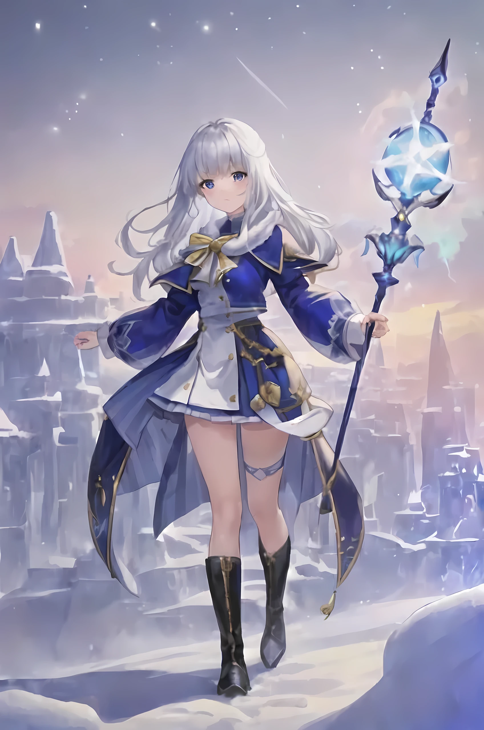 (master piece:1.3, best quality:1.3, ultra detailed:1.3), CG, 8k, illustration, cute face, kawaii, 1girl, solo, shiny hair, shiny skin, (silver medium hair, straight hair), laugh, (cobalt blue eyes), (Standing Upright), natural hand poses, (face and body straight at the camera:1.3), (full body:1.3), 1.6m tall, short height, small breasts, small ass, slim, cool face, (marine blue healer's dress:0.8, long sleeve, white thighhighs, boots), (hold a healer's staff with blue magic stone), (fantasy world:1.4), (outdoors, snow field, Snowy Day, in the morning)