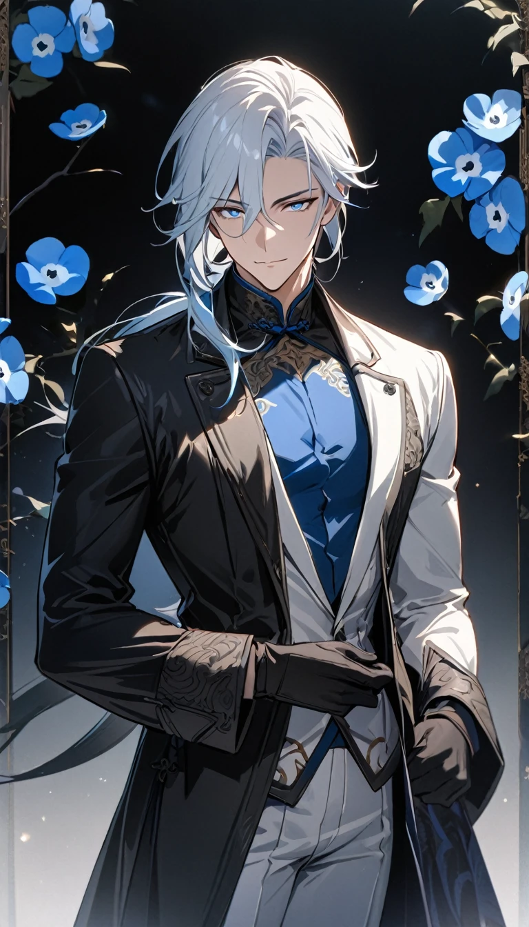 (masterpiece:1.5),best quality,(1 Handsome man),alone,white medium length hair,Low ponytail,(blue eyes), (A soft smile),elegant,perfect face,Fantasy Chinese style,Long black trench coat,white and blue cloth,Complex clothing design with Chinese elements,Black leather gloves,white lining,White suit pants,Slightly muscular body,High,8K,Beautiful contrast of light and shadow,Dark luxury background,(complete upper body),Positive face,((Nemophila)),luxury screen,blue flowers