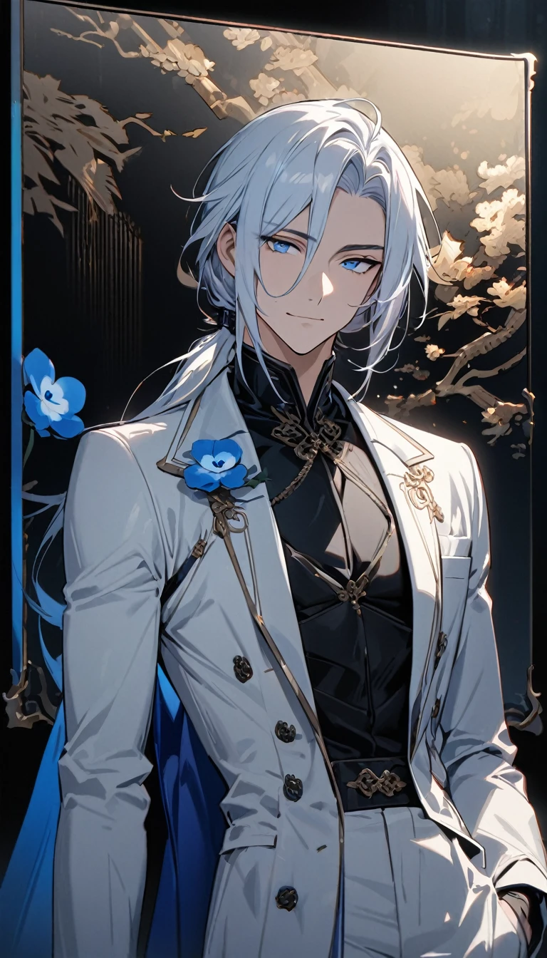 (masterpiece:1.5),best quality,(1 Handsome man),alone,white medium length hair,Low ponytail,(blue eyes), (A soft smile),elegant,perfect face,Fantasy Chinese style,Long black trench coat,white and blue cloth,Complex clothing design with Chinese elements,Black leather gloves,white lining,White suit pants,Slightly muscular body,High,8K,Beautiful contrast of light and shadow,Dark luxury background,(complete upper body),Positive face,((Nemophila)),luxury screen,blue flowers