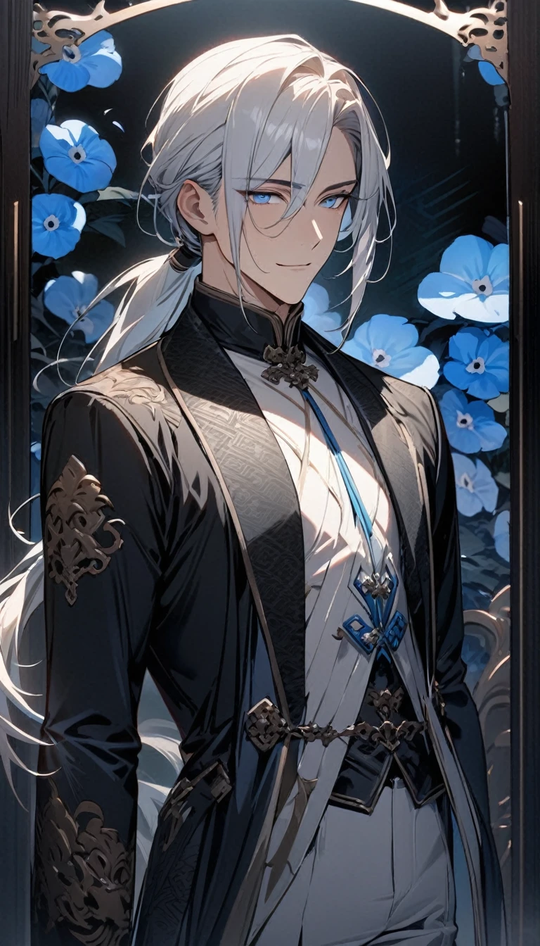 (masterpiece:1.5),best quality,(1 Handsome man),alone,white medium length hair,Low ponytail,(blue eyes), (A soft smile),elegant,perfect face,Fantasy Chinese style,Long black trench coat,white and blue cloth,Complex clothing design with Chinese elements,Black leather gloves,white lining,White suit pants,Slightly muscular body,High,8K,Beautiful contrast of light and shadow,Dark luxury background,(complete upper body),Positive face,((Nemophila)),luxury screen,blue flowers