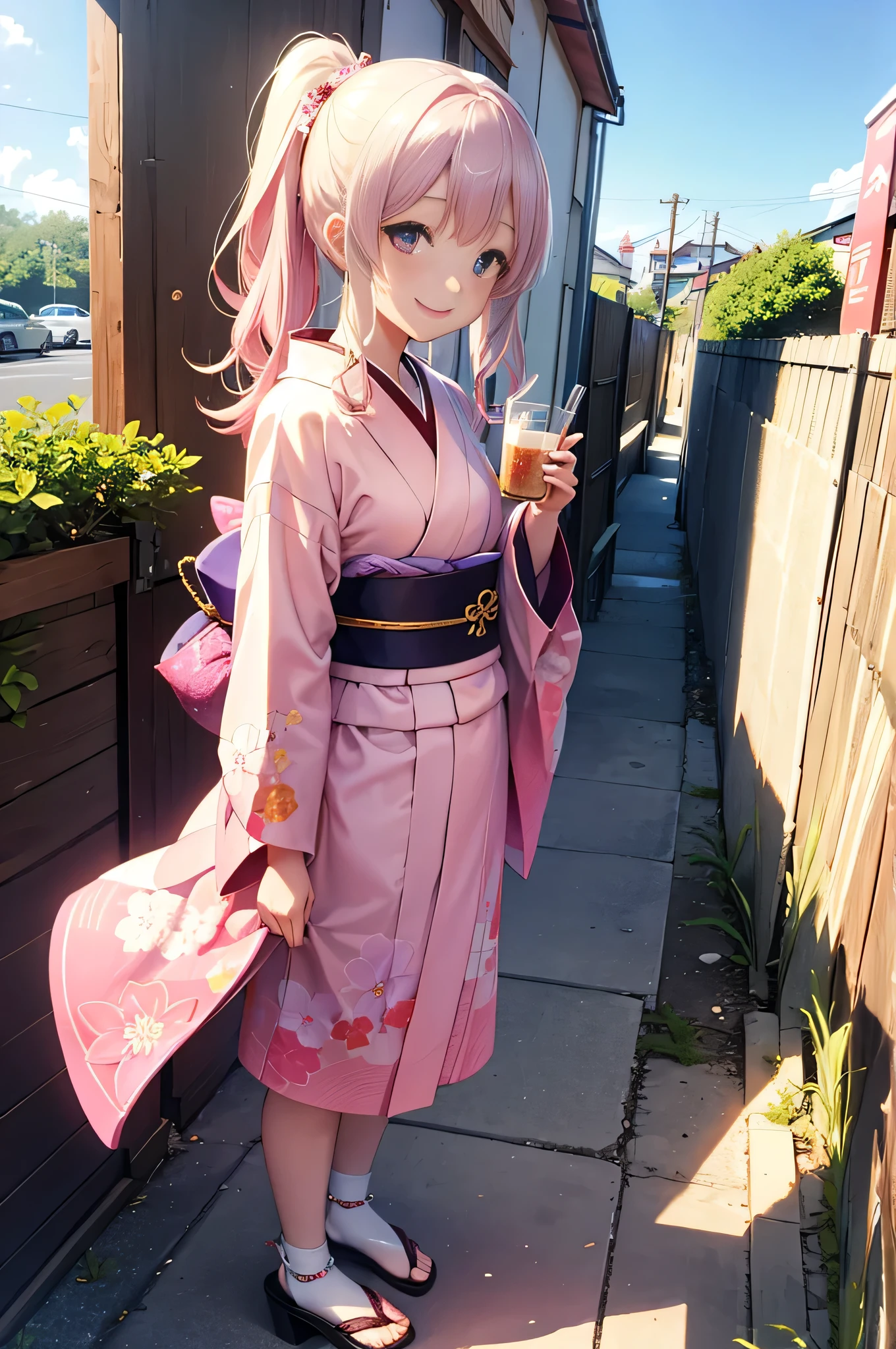 Pink kimono、20-year-old girl、Pound Cake、front, smile