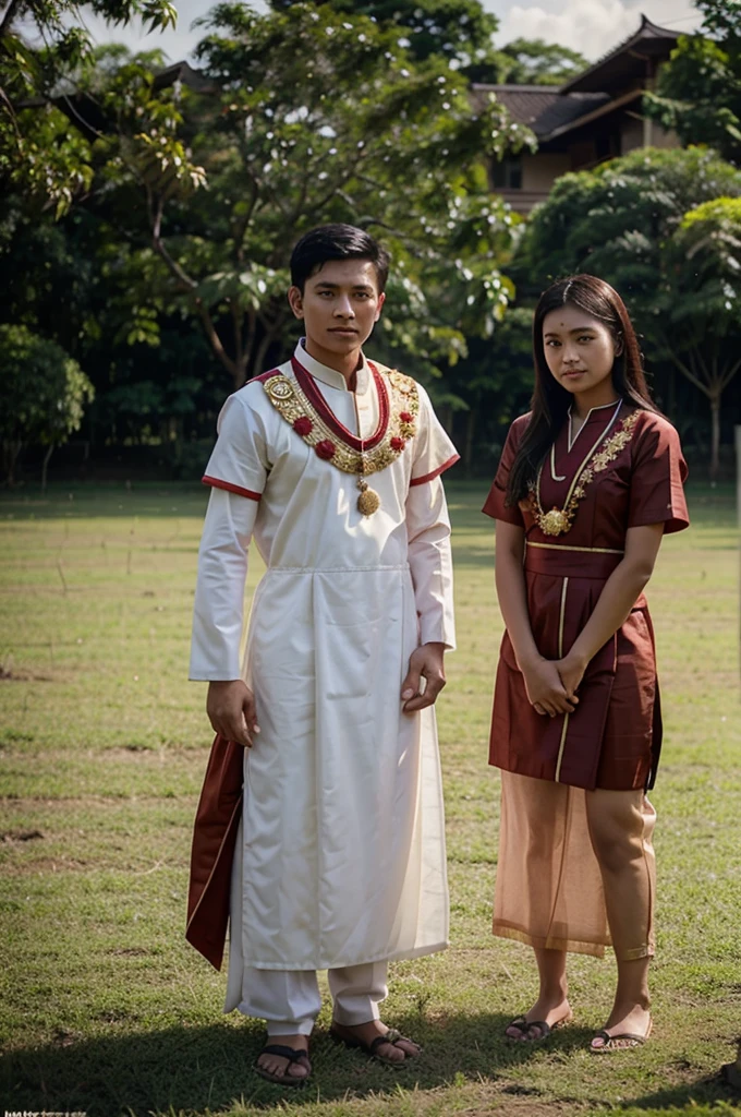 Boy and girl use indonesia traditional dress with their dog, stand front field