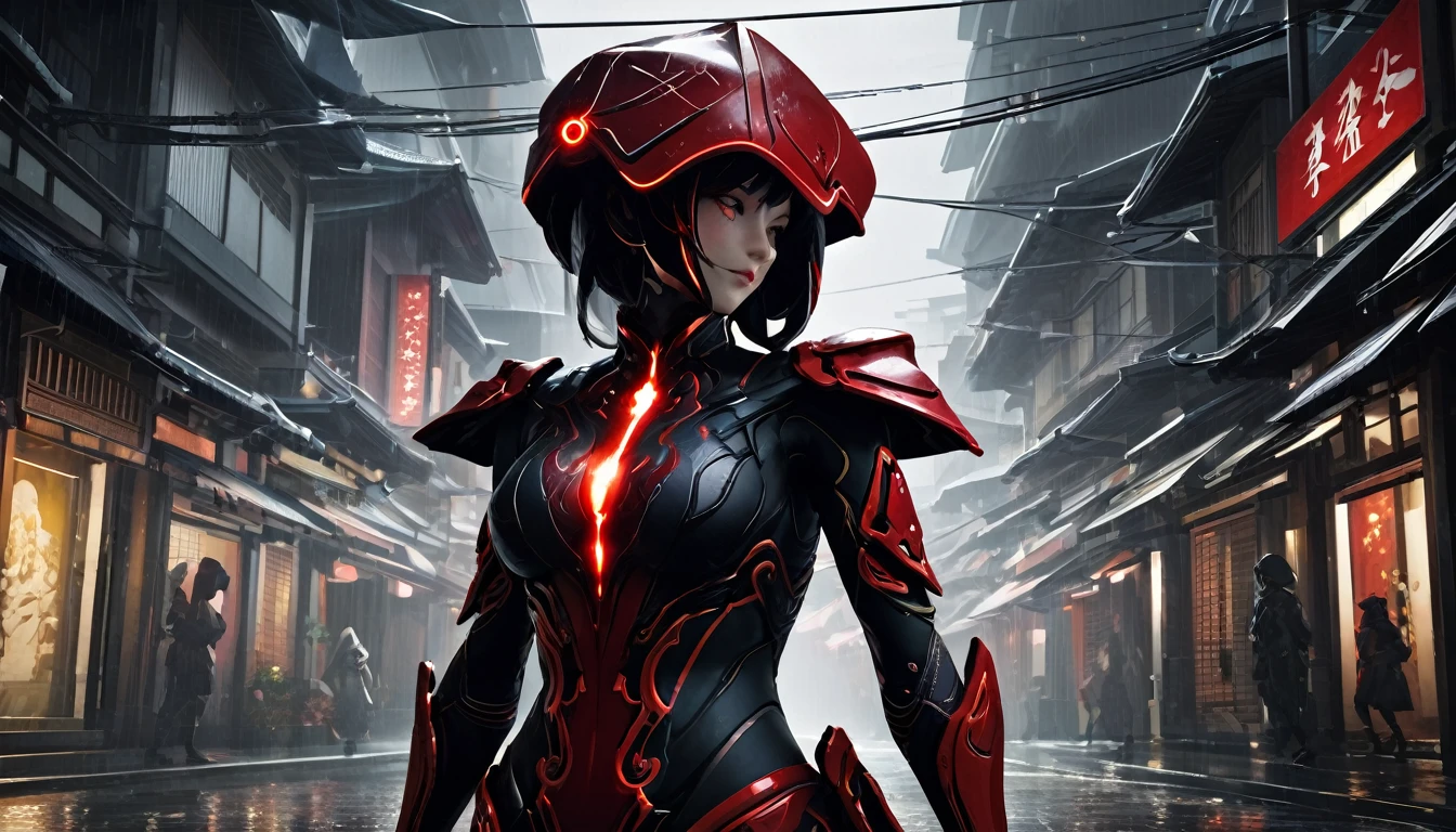 1 Japanese girl, Warframe, Complex Pattern, Heavy Metal, Energy Line, Faceless, Glowing Eyes, elegant, intense, Blood red and black uniform, alone, Modern, city, street, Dark Clouds, thunderstorm, heavy rain,, Dramatic lighting,, (masterpiece:1.2), highest quality, High resolution, Beautiful details, Very detailed, Perfect lighting,