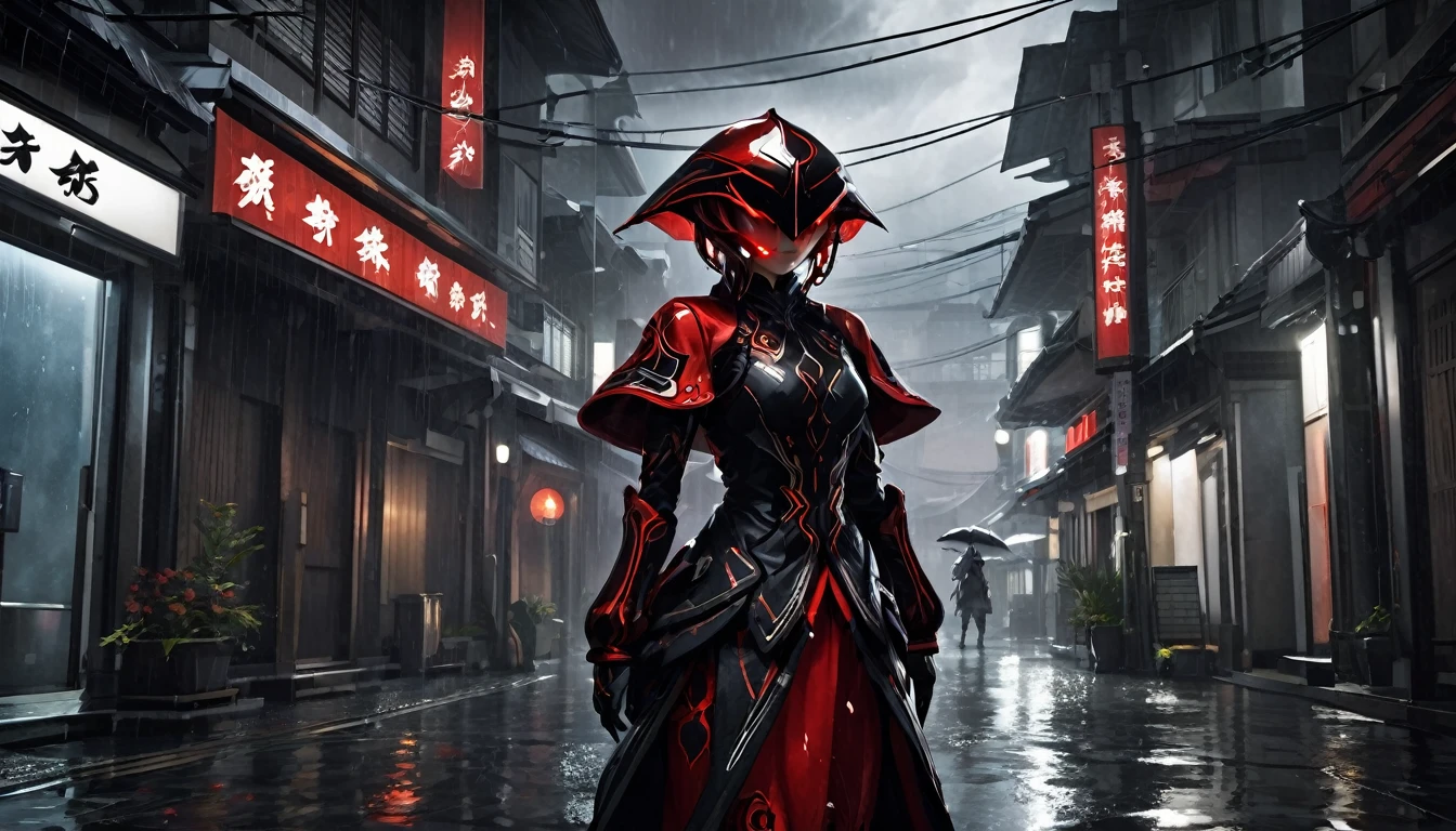 1 Japanese girl, Warframe, Complex Pattern, Heavy Metal, Energy Line, Faceless, Glowing Eyes, elegant, intense, Blood red and black uniform, alone, Modern, city, street, Dark Clouds, thunderstorm, heavy rain,, Dramatic lighting,, (masterpiece:1.2), highest quality, High resolution,   Beautiful details, Very detailed, Perfect lighting,