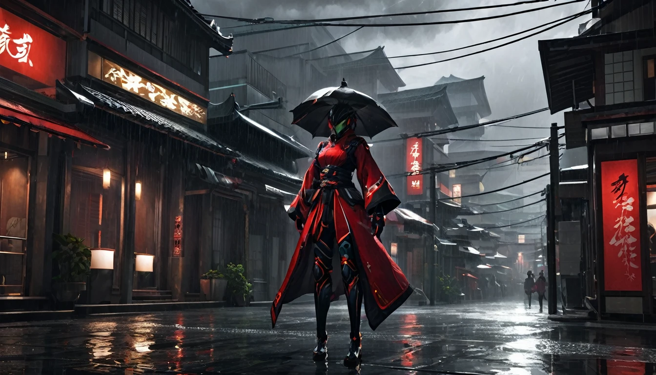 1 Japanese girl, Warframe, Complex Pattern, Heavy Metal, Energy Line, Faceless, Glowing Eyes, elegant, intense, Blood red and black uniform, alone, Modern, city, street, Dark Clouds, thunderstorm, heavy rain,, Dramatic lighting,, (masterpiece:1.2), highest quality, High resolution, Beautiful details, Very detailed, Perfect lighting,