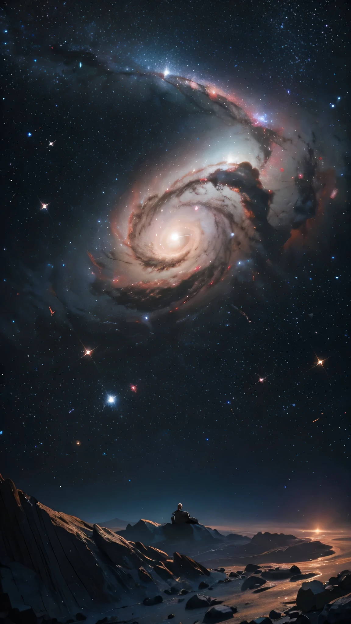 a sitting in the stars and reading a colored shining book, rainbow colored cosmic nebula sky background, stars, galaxies