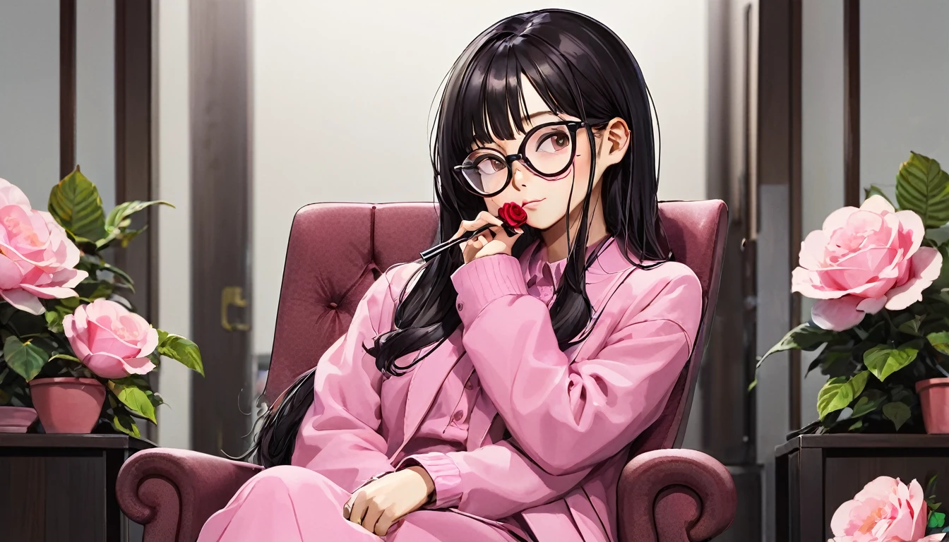 A Japanese woman sitting on a chair while wearing glasses, sunglasses, Wear glasses, Urzan, Woman with rose-colored glasses, Rumlat Currency, 細くて大きな丸いWear glasses, ピンクのWear glasses, 小さな丸いWear glasses, Portrait Jisoo Blackpink, Black Pink&#39;s Jisoo, Black Pink&#39;s Jisoo, Square Glass, sunglasses