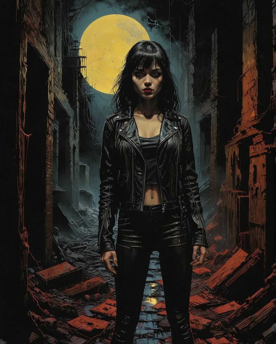 Masterpiece, photorealistic, highly detailed, a young woman with smooth  dark long black hair with bangs and black eyes and black lips, wearing leather jacket and leather pants, standing, looking at camera, in a gloomy smoke filled alley at night with a full moon, maximalist art, by Moebius and Hariton Pushwagner, (ambient occlusion, masterful, beautiful), poster art, bold lines, hyper detailed, expressive, award winning, (landscape:1.4), (intricate details, masterpiece, best quality:1.4), looking at viewer, dynamic pose, wide angle view, in the style of nicola samori , futuristic style, sleek, ultra modern, high tech, ornate by Moebius and by Marc Simonetti, clean lines, geometric shapes, Minimalist color scheme of red and cyan
mkitdecy, rust, cracks brutalism, style by Tom Jung and Drew Struzan and Tim and Greg Hildebrandt, ((style by artgerm and Greg Manchess and Ilya Kuvshinov))