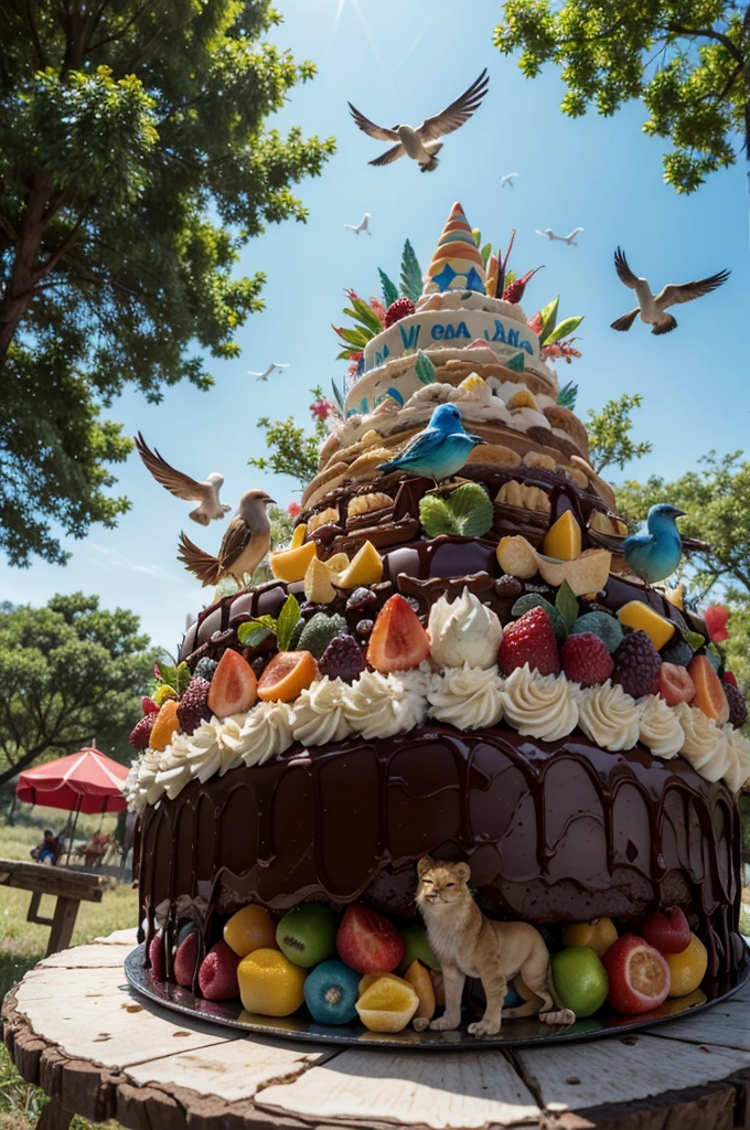 "The scene depicts a group of colorful birds gracefully flying above a lion cub, who timidly roared, looking somewhat offended. Meanwhile, surrounding them, there's an array of delicious desserts such as chocolate cakes topped with shiny frosting, fresh fruit pies, and colorful ice creams, creating a contrast between the wild nature and the sweetness of the treats."