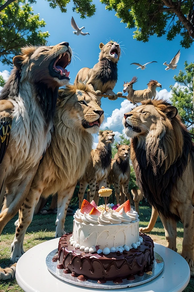 "The scene depicts a group of colorful birds gracefully flying above a lion cub, who timidly roared, looking somewhat offended. Meanwhile, surrounding them, there's an array of delicious desserts such as chocolate cakes topped with shiny frosting, fresh fruit pies, and colorful ice creams, creating a contrast between the wild nature and the sweetness of the treats."