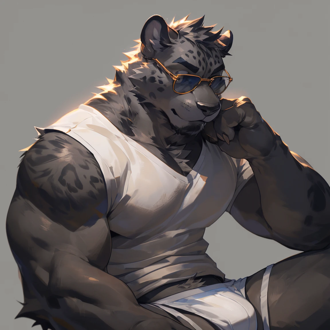 Solo, male, medium muscular, black jaguar, in white underwear, underwear, ((focus body, furry focus, shades focus, body shades)) (((gray background, gray wallpaper, one color))), by darkgem, by mystikfox61, by glitter trap boy