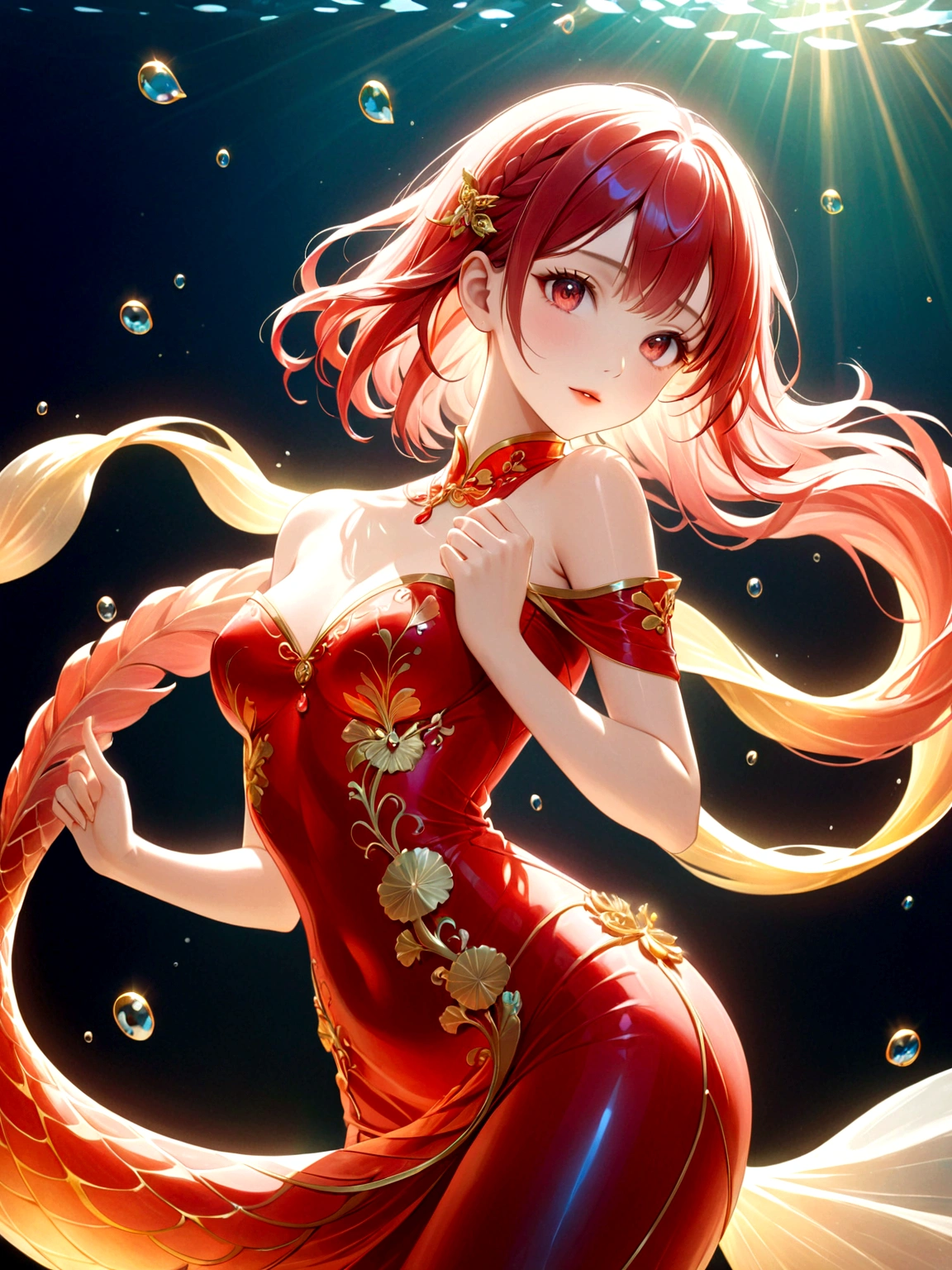 Ink portrait,Anime Girl,Beautiful Mermaid,Human fishtail,Noble and beautiful,HD picture,Three-dimensional ancient style,photography,figure,The underwater world,Rich and interesting,全身photography,Hajime,Sorayama,young and beautiful girl,Wearing a tight-fitting off-shoulder cheongsam,Delicate facial features,Fair skin and beautiful appearance,Gorgeous red clothes,Gemstones shine,avatar,The skin is delicate and rosy,Gold decoration,Colorful,Close-up of face,Close-up of the eyes,High-definition quality,Shooting angle shallow depth of field,transparent的水晶,transparent,Ray rendering,Gold edge glass texture,Backlight,Clear focus,artistic conception,poetry,Bright colors,Strong contrast,A museum masterpiece,high resolution,Fine details,Exquisite rendering,Astonishing,light追逐,light,Sharp focus,Dynamic poses,极为细致的figure突出,Color curve