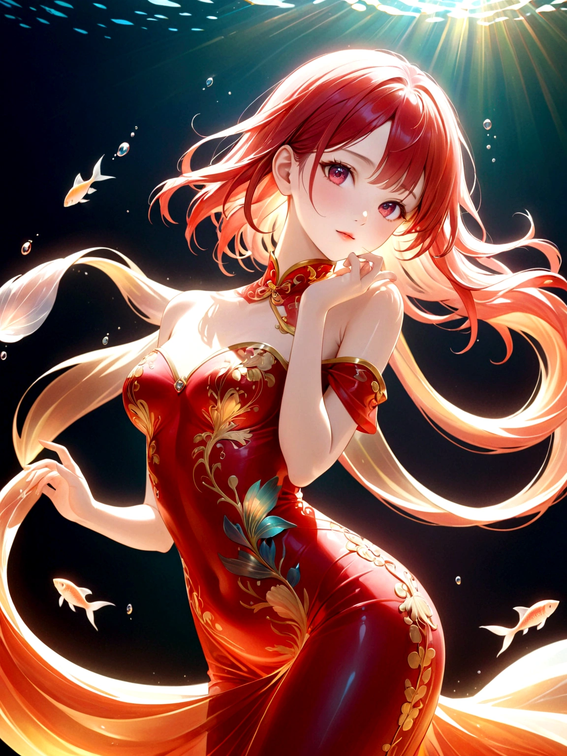 Ink portrait,Anime Girl,Beautiful Mermaid,Human fishtail,Noble and beautiful,HD picture,Three-dimensional ancient style,photography,figure,The underwater world,Rich and interesting,全身photography,Hajime,Sorayama,young and beautiful girl,Wearing a tight-fitting off-shoulder cheongsam,Delicate facial features,Fair skin and beautiful appearance,Gorgeous red clothes,Gemstones shine,avatar,The skin is delicate and rosy,Gold decoration,Colorful,Close-up of face,Close-up of the eyes,High-definition quality,Shooting angle shallow depth of field,transparent的水晶,transparent,Ray rendering,Gold edge glass texture,Backlight,Clear focus,artistic conception,poetry,Bright colors,Strong contrast,A museum masterpiece,high resolution,Fine details,Exquisite rendering,Astonishing,light追逐,light,Sharp focus,Dynamic poses,极为细致的figure突出,Color curve