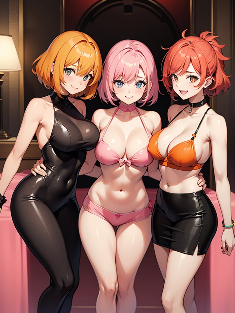 three sexy bubbly and cheerful women, short, vibrant orange hair with highlights of pink, flirtatious smile, looking at camera