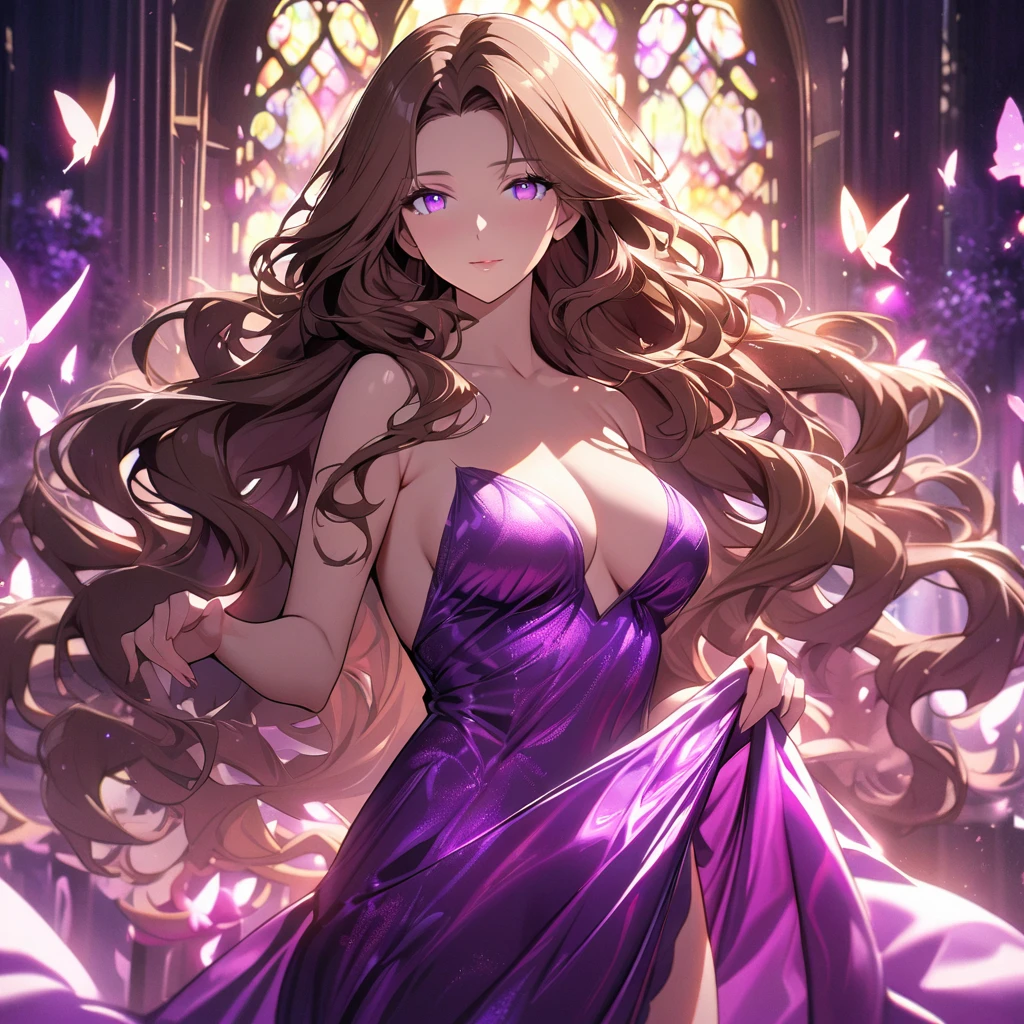 girl, brown hair, wavy hair, long hair, glowing purple eyes, magical silk fabric,  mature woman,  gorgeous, beautiful background, super detail,  beautiful color, glowing butterfly, angel, main face, front face
