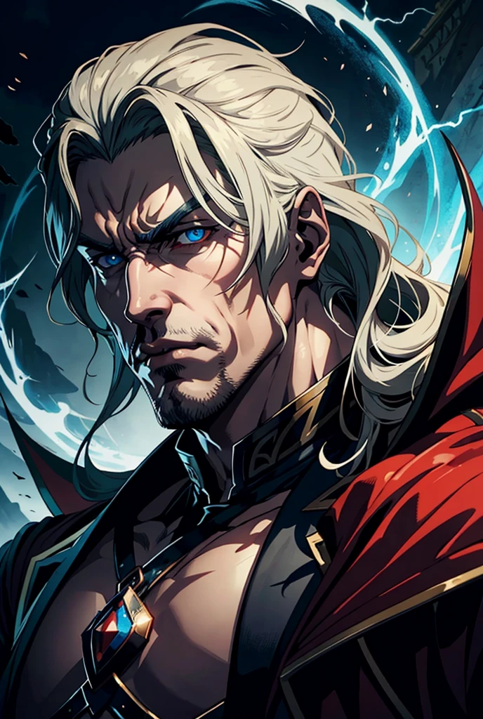 Castlevania Lord of Shadows Surreal and hyper-detailed dynamic shot of Lord Dracula Handsome muscular man Fist of the North Star Close-up portrait,