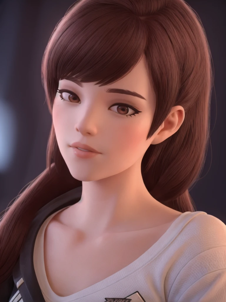 DVA from Overwatch without mech, a beautiful woman with short brown hair in a ponytail, very big round glasses, high quality refelctions, reflections on glasses, volumetric lighting, wearing a plain white t-shirt, in her bedroom on her bed, 1 girl solo, cinematic lighting, high resolution, physically-based rendering, extremely detailed, 8k, volumetric lighting, hyperrealistic, detailed facial features, masterpiece, intricate details, upper body, nsfw, gaming setup in background, high quality, cinematic