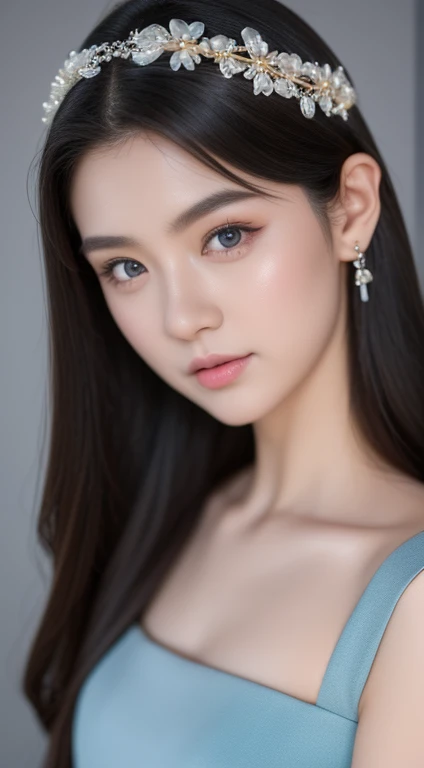 1 girl in a ceramic dress, beautiful detailed eyes, beautiful detailed lips, extremely detailed face, long eyelashes, hair accessories, jewelry, on body, tyndall effect, realistic, shadow studio, rim lighting, dual tone lighting, (high detail skin:1.2), 8K UHD, DSLR, soft lighting, high quality, volumetric lighting, candid shot, photography, 4K, 8K, background blur