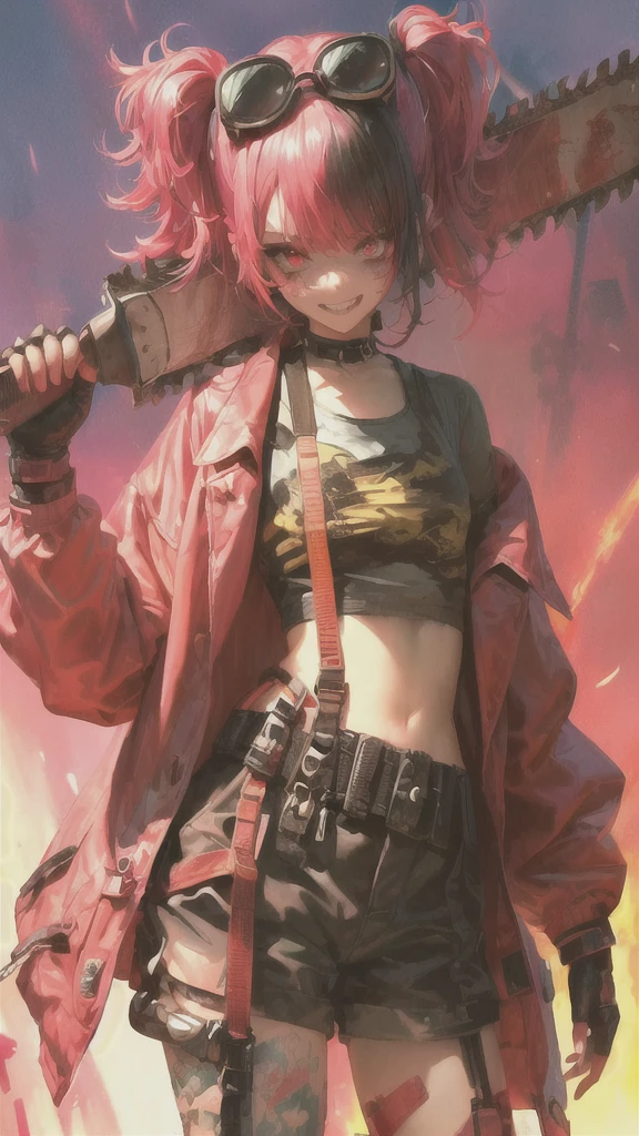 ltra-detailed, Girl, beautiful eyes, red eyes, , cute figure, cute face, grin, executioner, cyberpunk style goggles on head, sharp eyes, wild and daring, hair color is pink gradient with black accent on left side only, hair in bun , bob-cut bangs, dressed as a dystopian punk, large military design jacket, black shorts, thigh-high knee socks, boots, leather gloves with fingers cut off, chainsaw with pretty decorations on hand, pink cloth-clad hell's death squad in background Strong men, composition like a scene from a movie, 16K. a scene from a movie, 16K, top quality, masterpiece