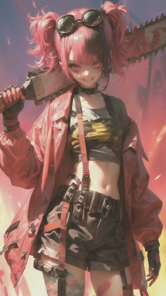 ltra-detailed, Girl, beautiful eyes, red eyes, , cute figure, cute face, grin, executioner, cyberpunk style goggles on head, sharp eyes, wild and daring, hair color is pink gradient with black accent on left side only, hair in bun , bob-cut bangs, dressed as a dystopian punk, large military design jacket, black shorts, thigh-high knee socks, boots, leather gloves with fingers cut off, chainsaw with pretty decorations on hand, pink cloth-clad hell's death squad in background Strong men, composition like a scene from a movie, 16K. a scene from a movie, 16K, top quality, masterpiece