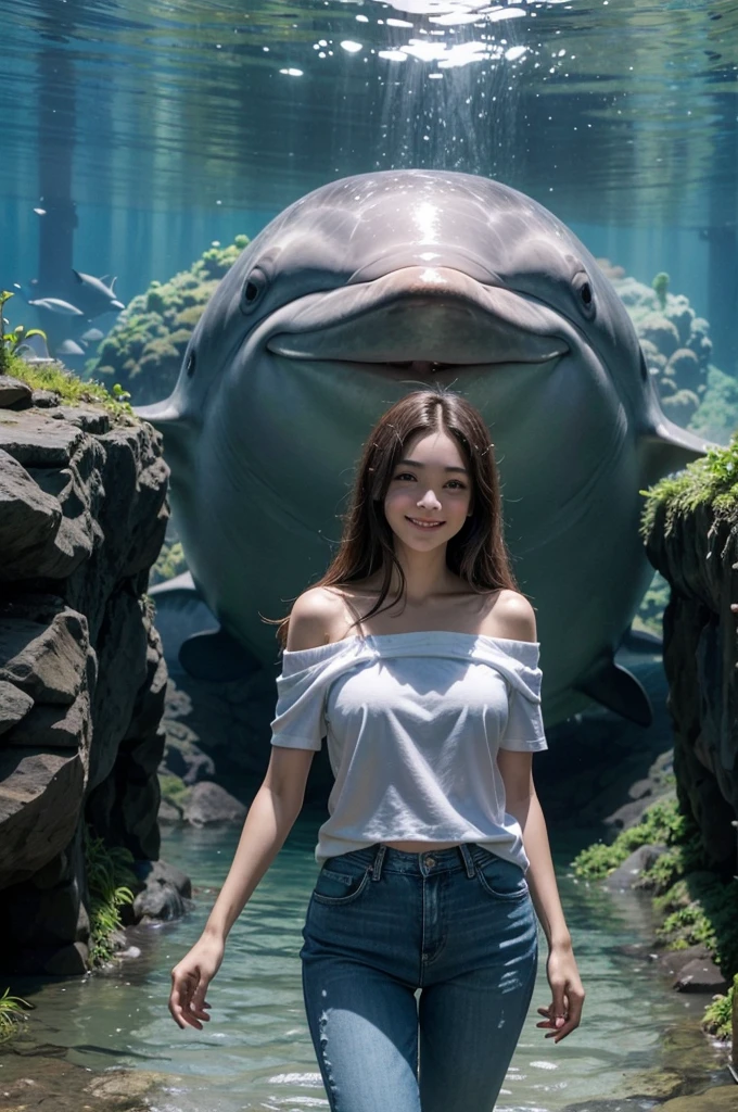 A imagem mostra um jovem casal,Take a photo inside the giant aquarium tunnel。Homem vestindo camiseta branca simples,The woman is wearing a white off-shoulder blouse and jeans,Os dois sorriram,mulher encostada no homem,appear intimate and happy。Behind them is a blue ocean world,including a giant dolphin swimming gracefully above the tunnel,There are several other sea creatures swimming in the blue waters。The whole scene is full of wonderful and romantic atmosphere。